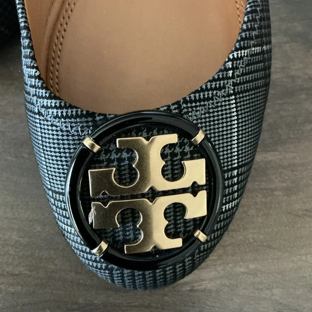 Tory Burch Multi Logo Elastic Prince Of Wales Ballet 7 EUC!