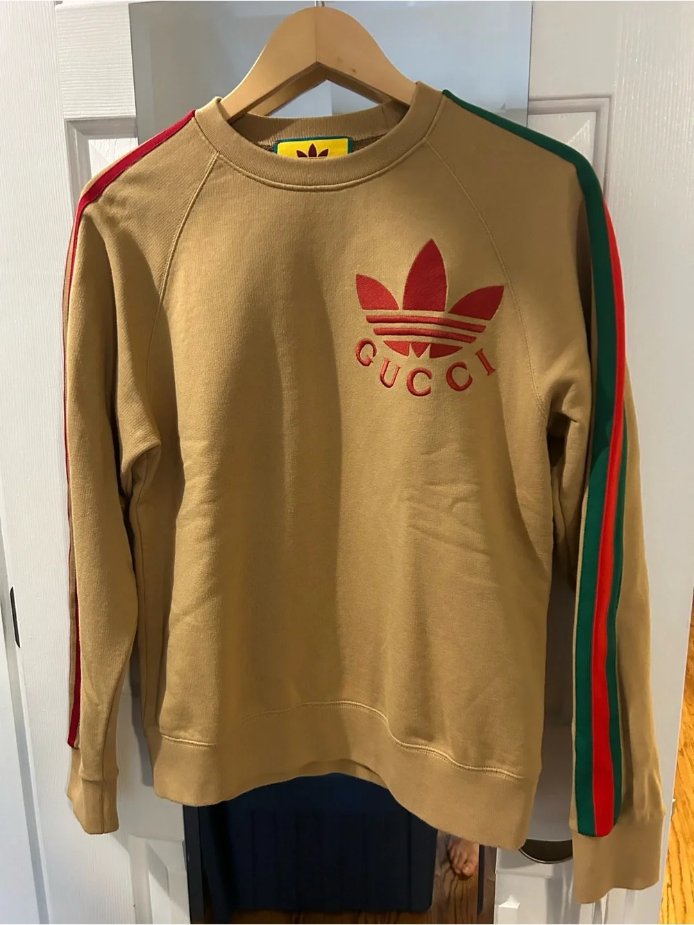Gucci Tan Crewneck Sweater with Red Logo and Red/Green Sleeve Stripes