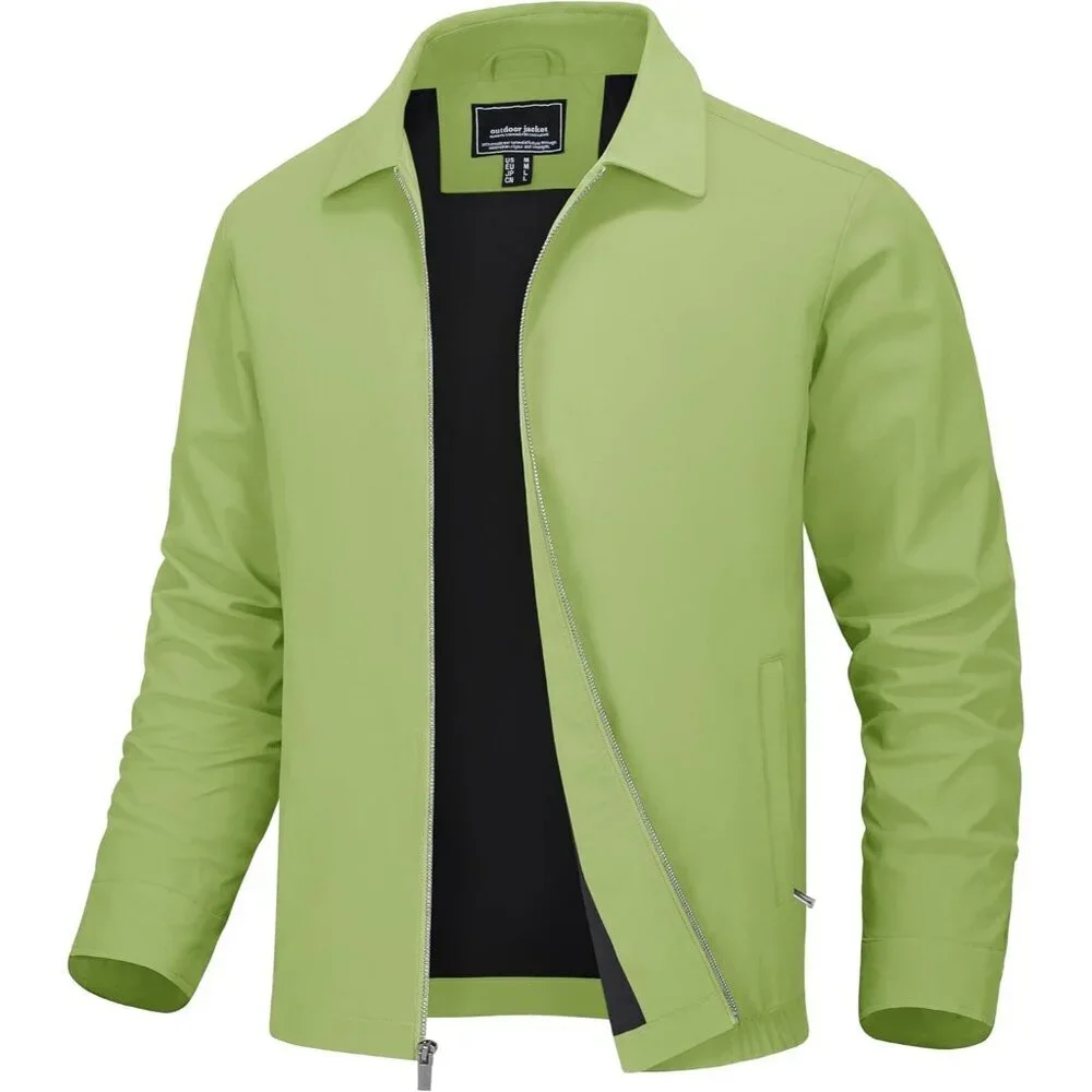 Men's Stylish Jackets Coat Gray Olive Green Lightweight Casual Zip Pockets Golf
