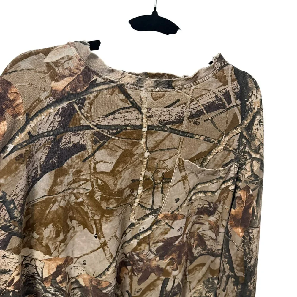 Vintage Camo Long Sleeve Pocket T Shirt Distressed Grunge Hunting Tee Oversized