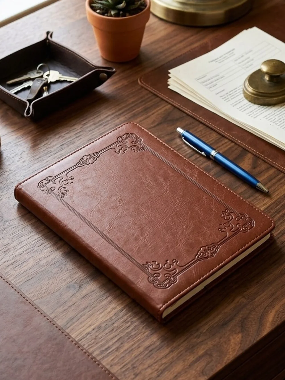 Premium Brown Faux Leather Tablet Case with embossed design