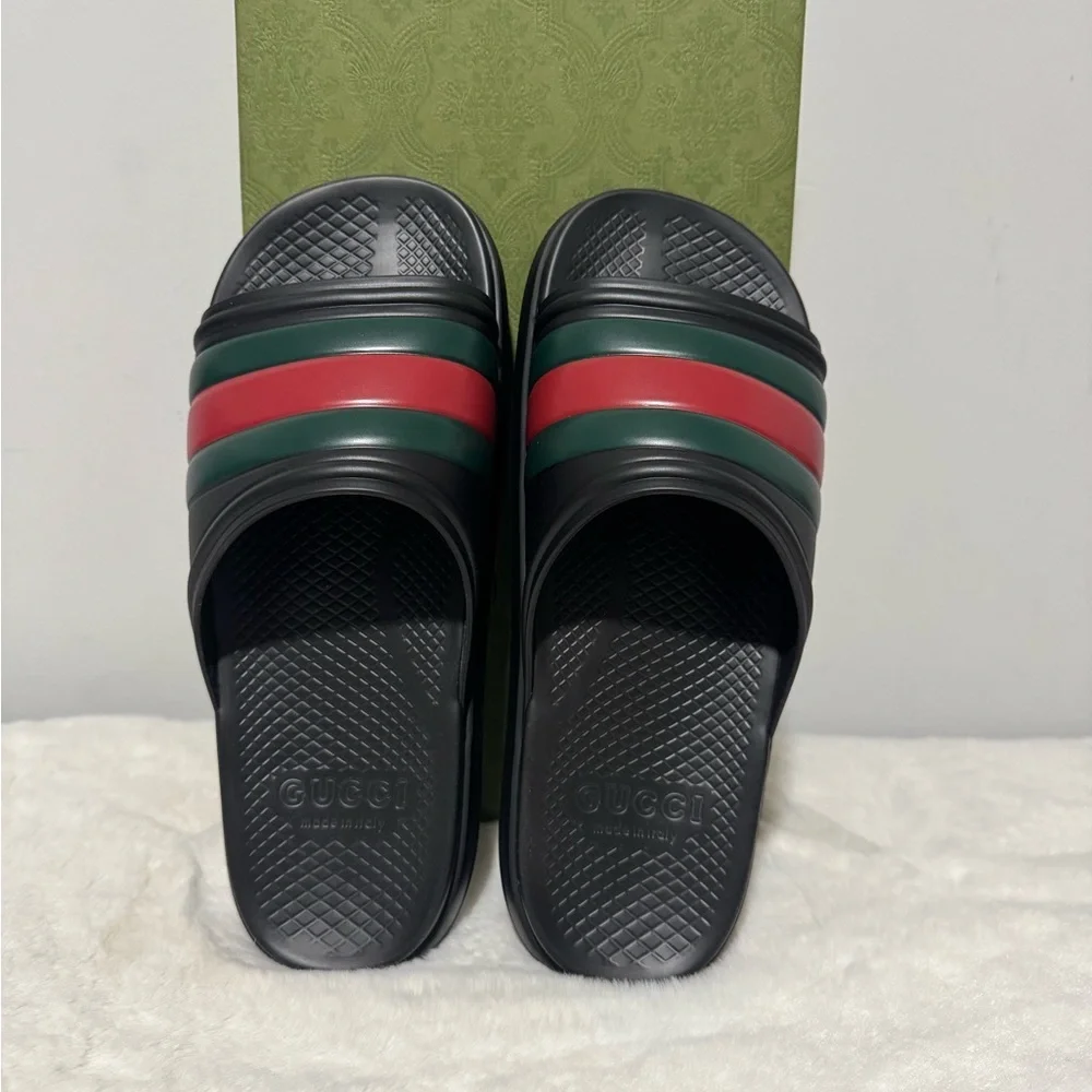 Gucci Black Slides with Red and Green Accents