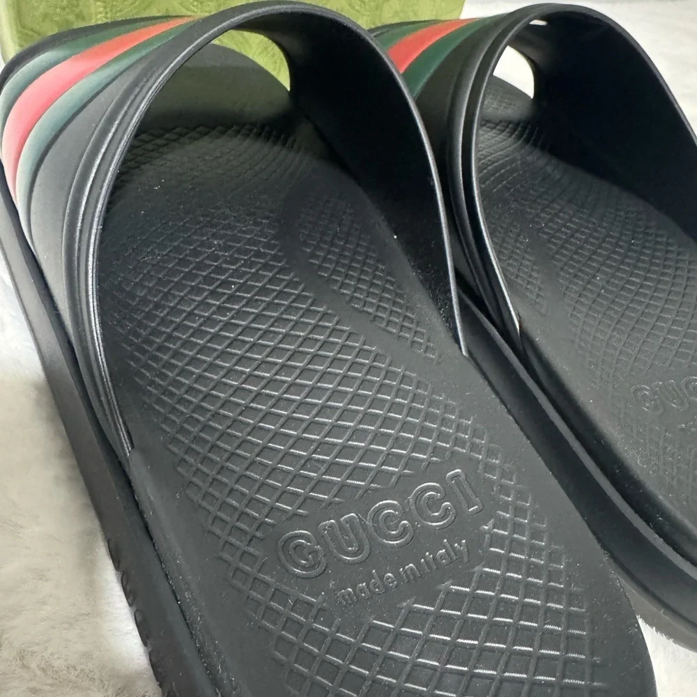 Gucci Black Slides with Red and Green Accents