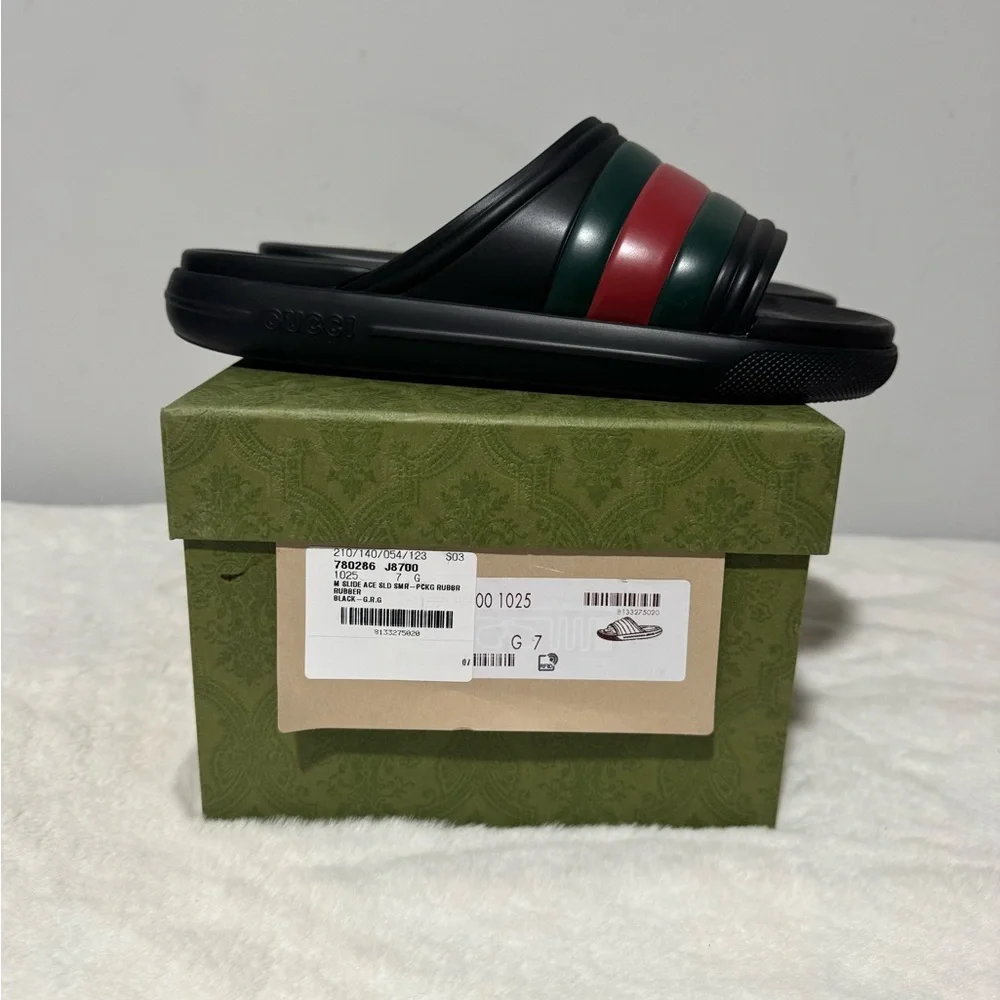 Gucci Black Slides with Red and Green Accents