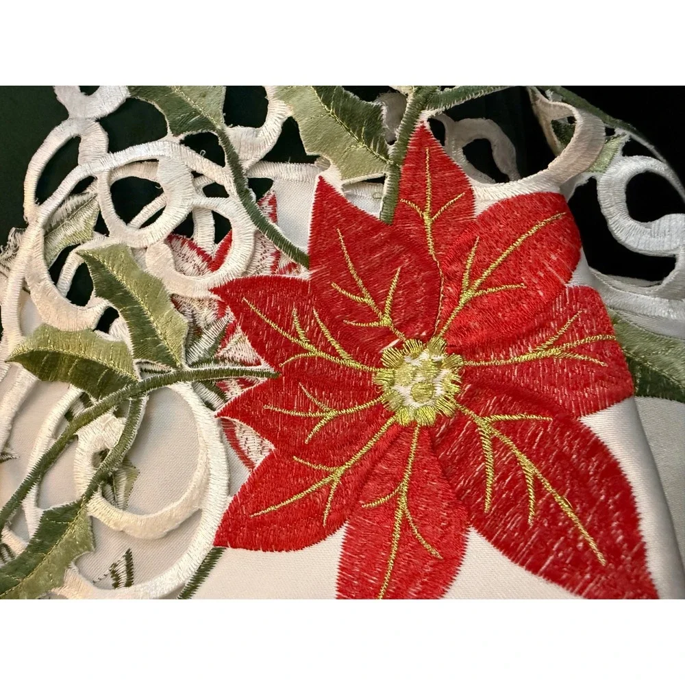 Collections Etc Poinsettia Topper Square White Embroidered Tablecloth 34x34‎