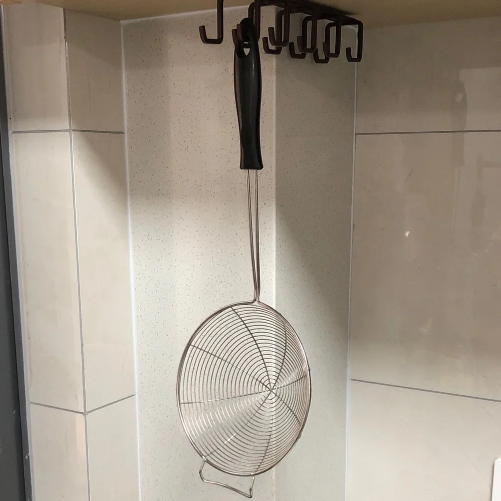Black-Handled Stainless Steel Skimmer Spoon for Frying and Draining