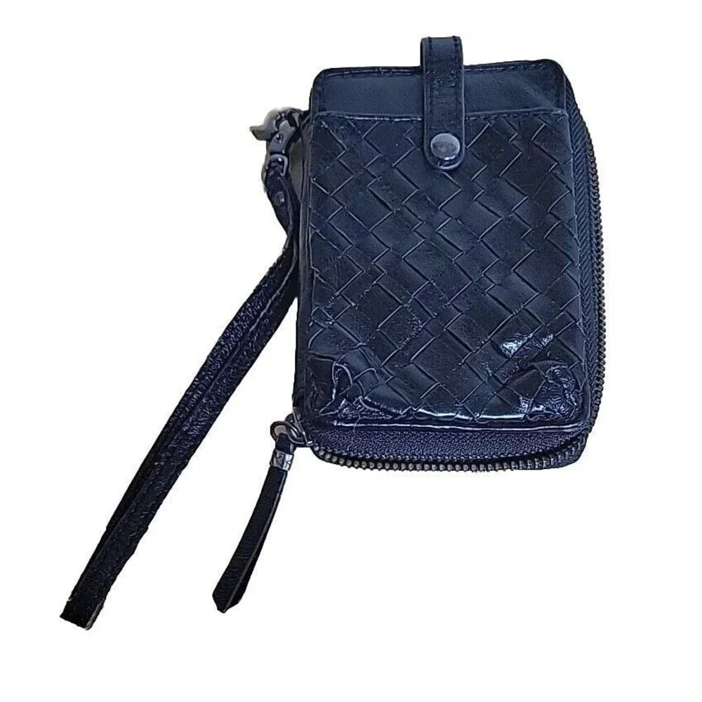 Elliott Lucca Black Woven Leather Zip Around Wristlet Wallet Organizer