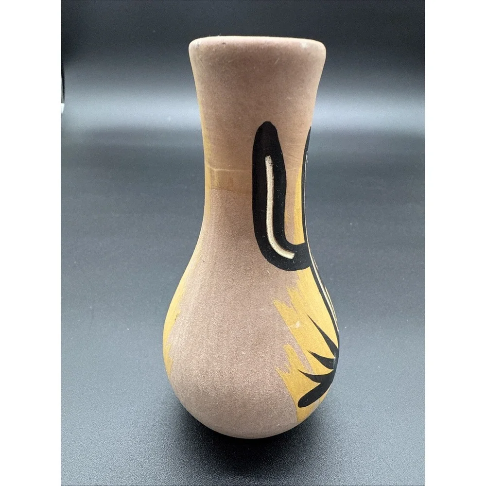 Mini‎ Mexican Style Cactus Carved Pottery Vase Hand Painted 4.5 In Signed AZ.