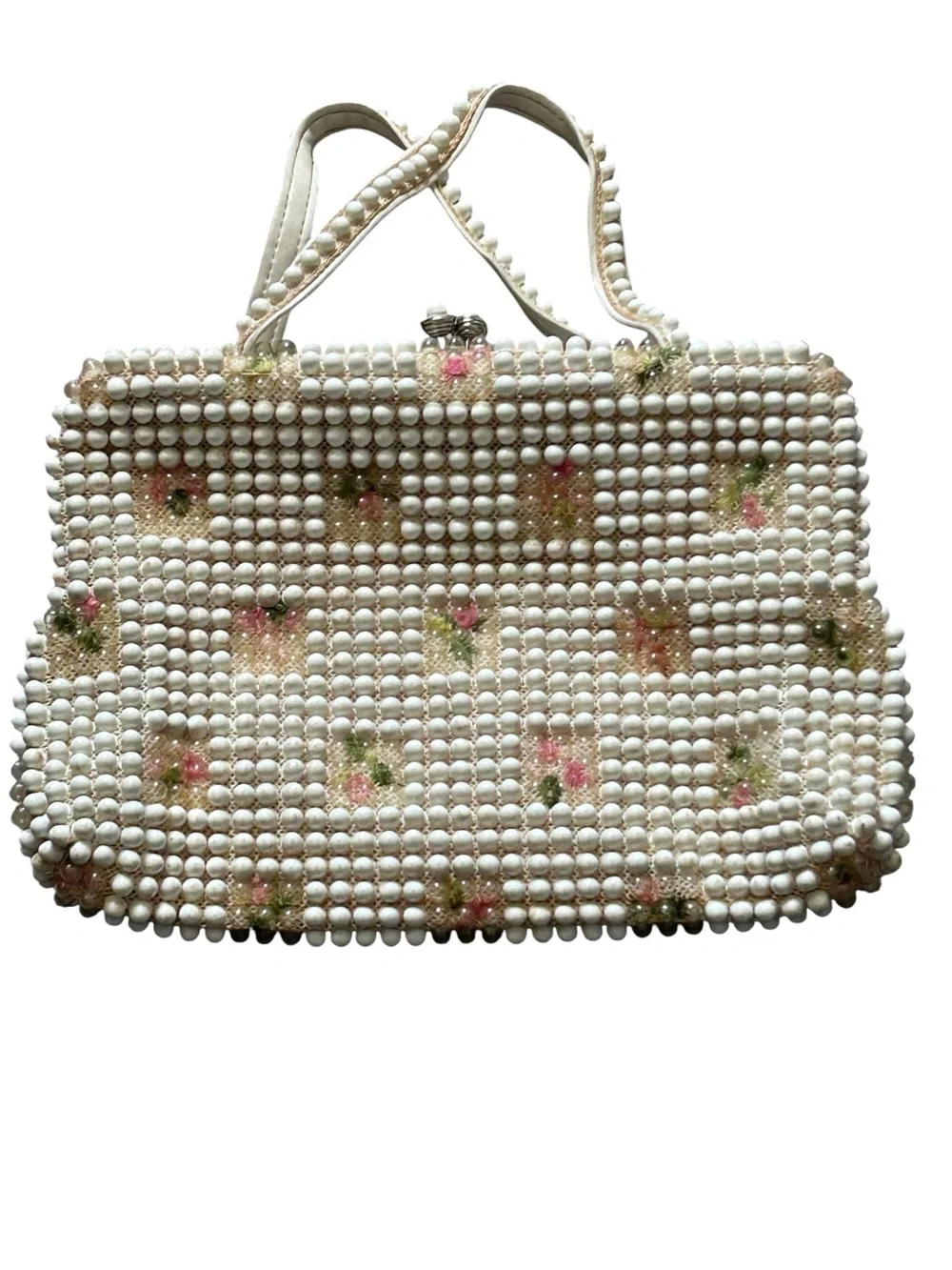 1940s 50s VTG Grandee Bead Bead Purse Pink Flowers Kiss Clasp