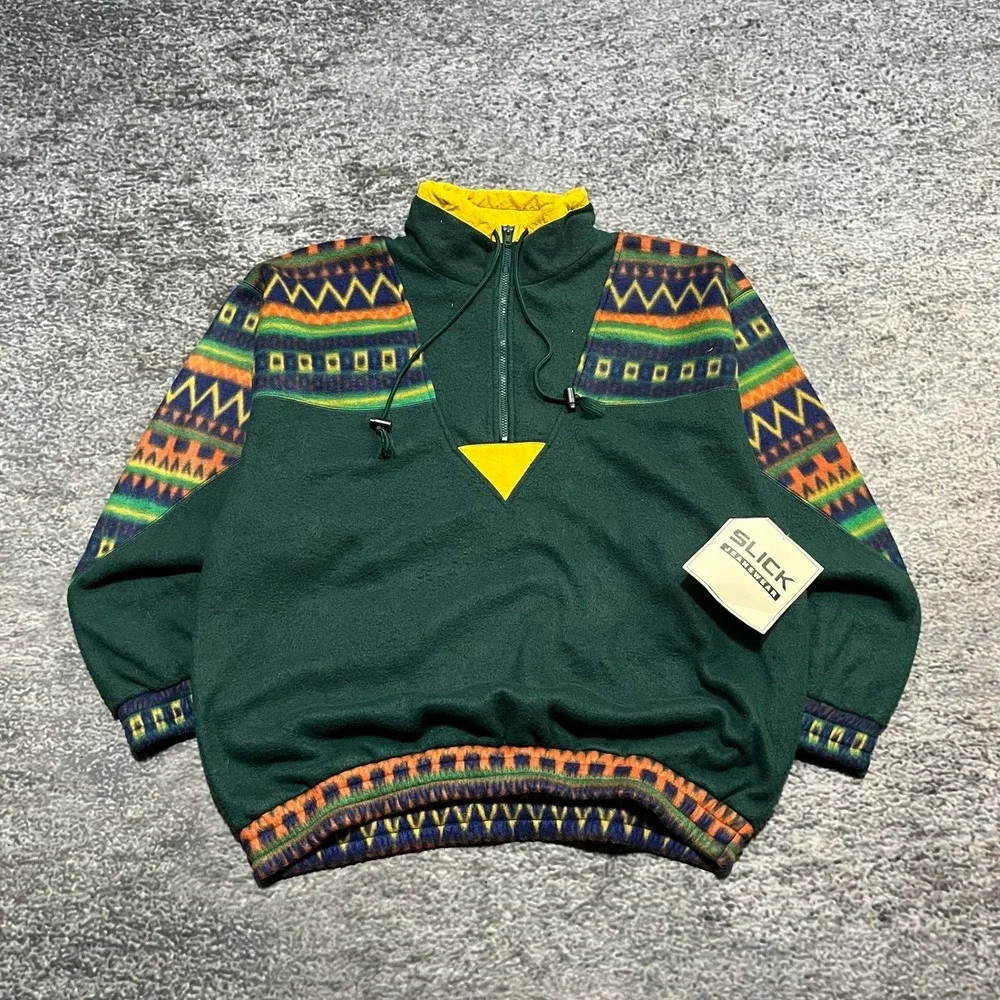 Vintage Slick Jeanswear Fleece Jacket Mens XL Green‎ 1/4 Zip Aztec 80s 90s