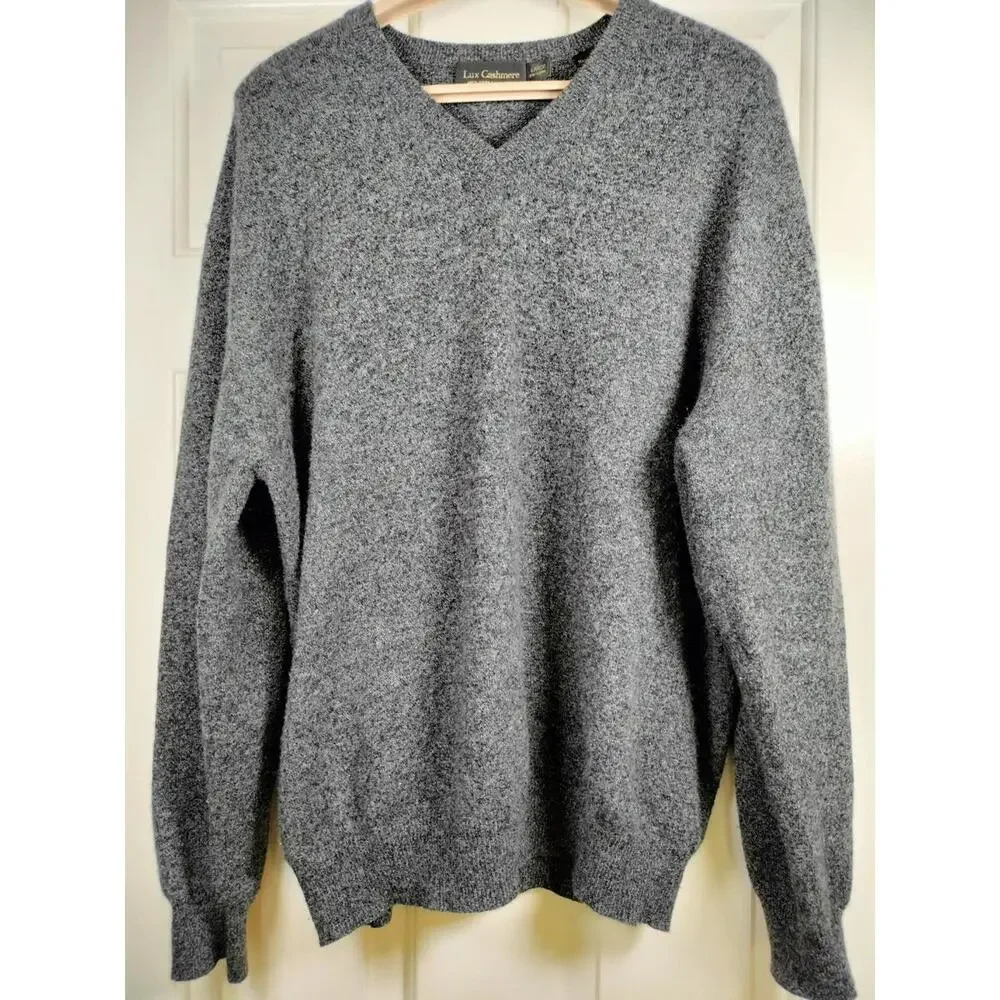 Lux Cashmere Men’s V-Neck Sweater Large 100%‎ Pure Cashmere Charcoal Gray Soft
