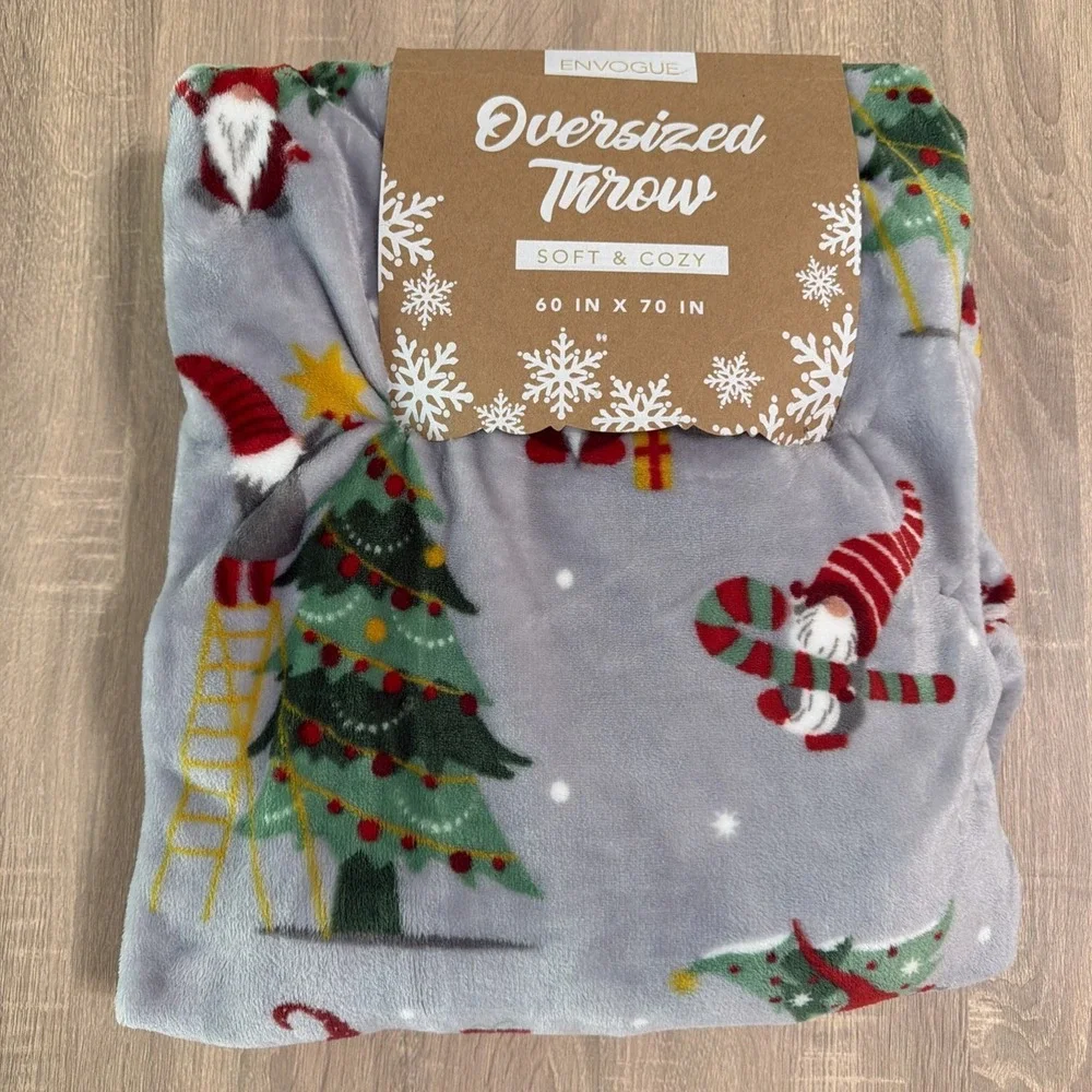 Envogue Christmas Trees Presents Gnomes Throw Plush‎ Blanket Gray NWT