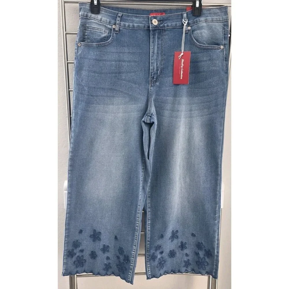 BlueFox Collective Womens‎ 18 Wide Leg Cropped Jeans High Rise Floral Hem