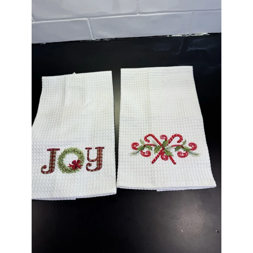 2‎ Cotton Hand Towel Christmas Embroidered Joy Wreath & Candy Cain Holly Waffle