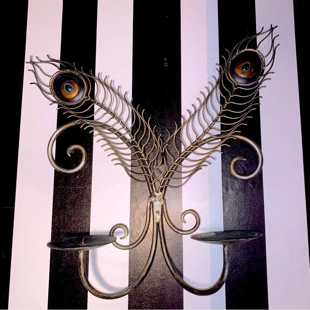 90s Y2K Era Metal Peacock Feather Wall Art Large Candle Holder Pier 1 Imports