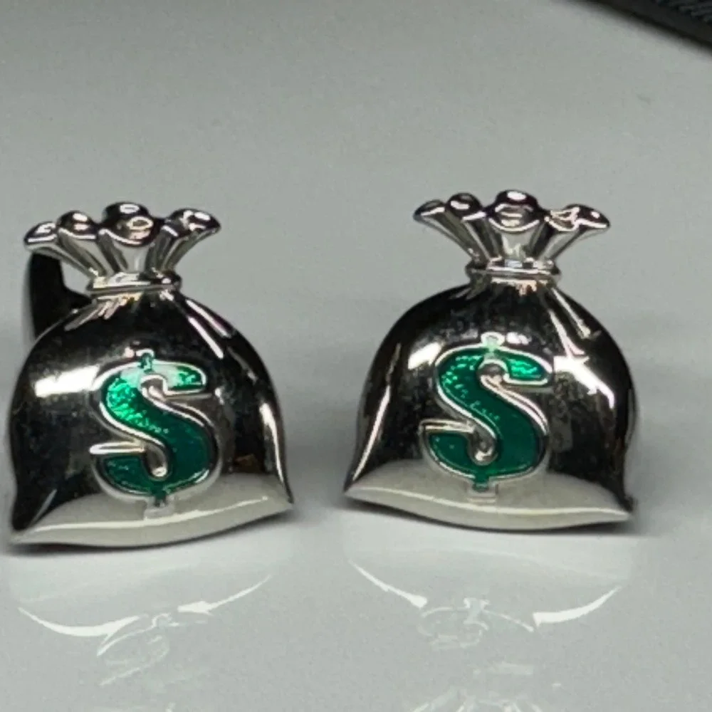 Roundtree & Yorke Silver Money Bag Cufflinks Green Dollar Sign‎