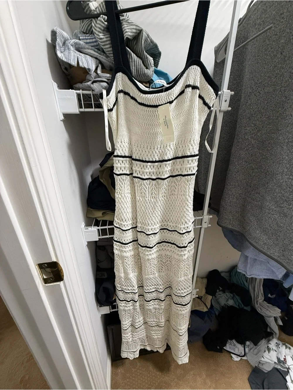 NWT crochet Abercrombie CrochetWhite Maxi Dress with Black Stripes