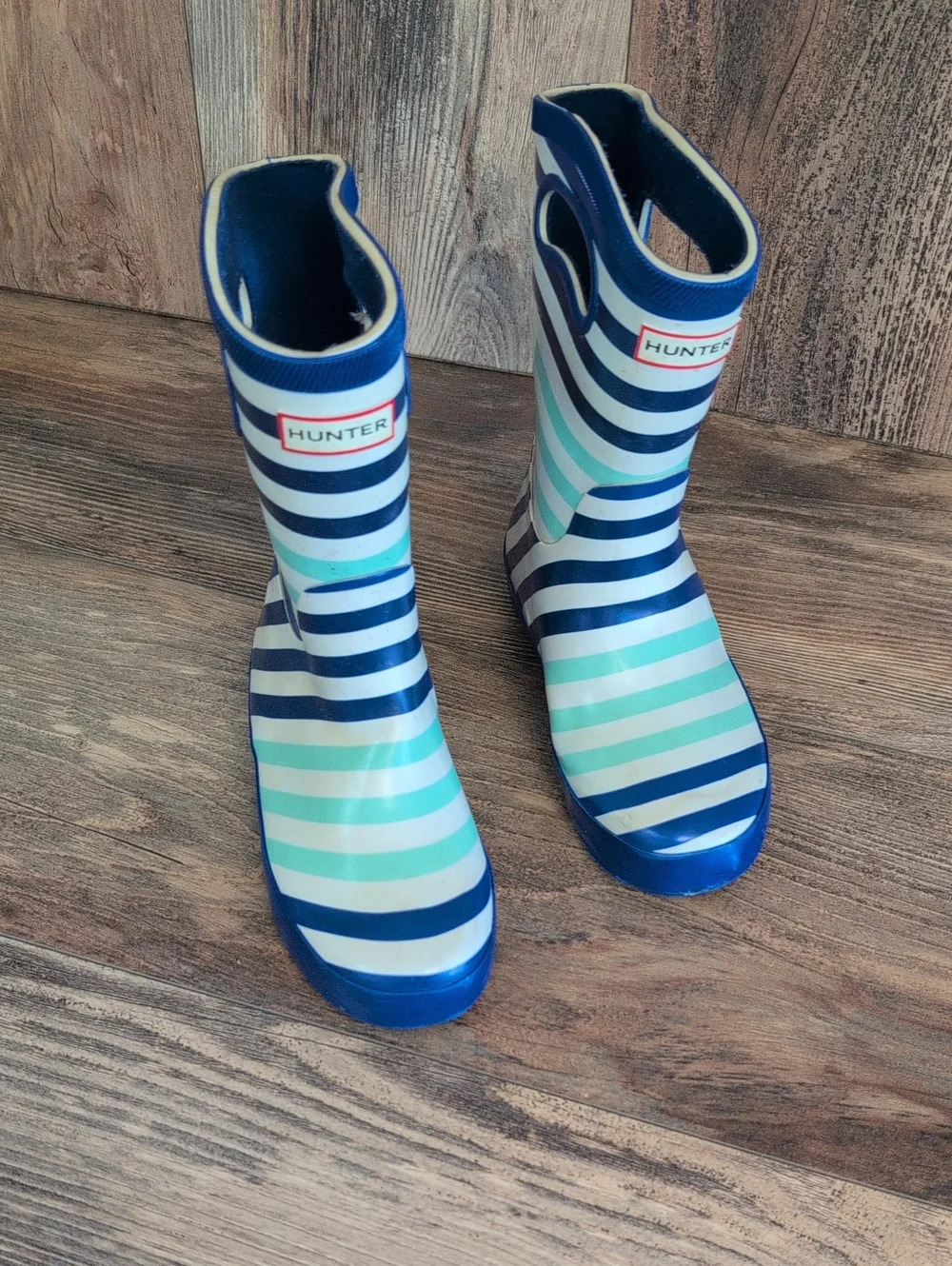 Hunter Kids Navy and Mint Striped Rain Boots Kids 11     619A