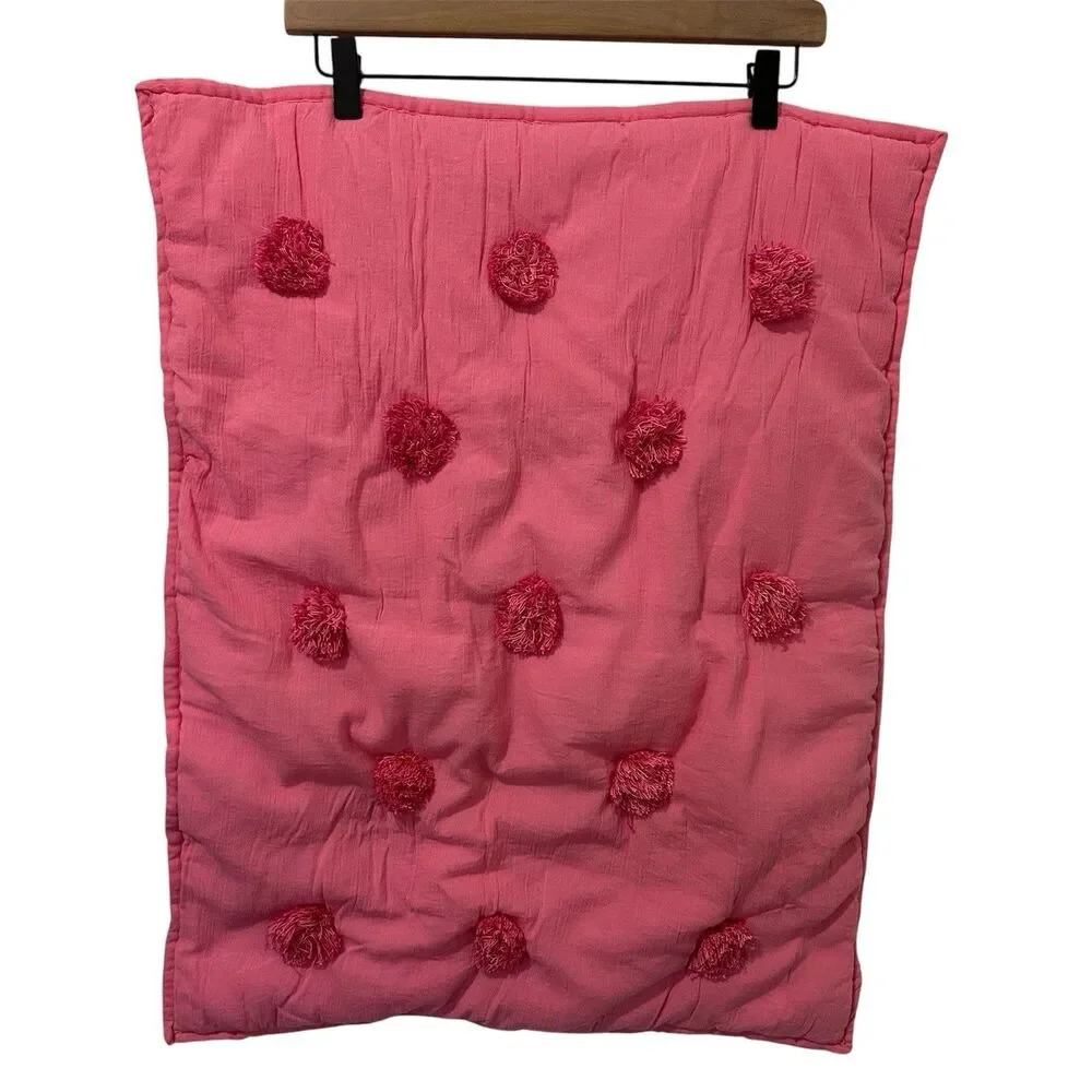 Pottery Barn Teen Pink Standard Pillow Sham Crinkle Puff Pompom Pom Pom Boho
