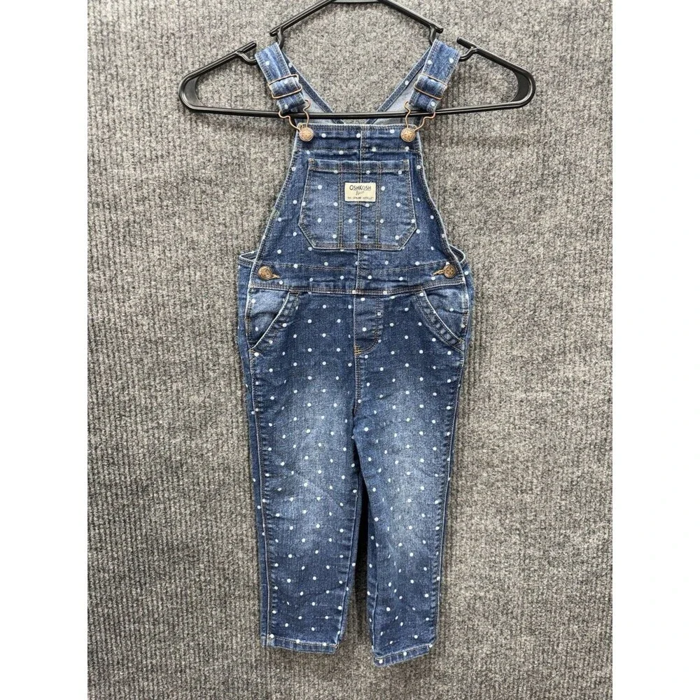 Oshkosh B'Gosh Denim Vestbak Overalls Toddler 3T Blue Polka Dot Snap Button Jean