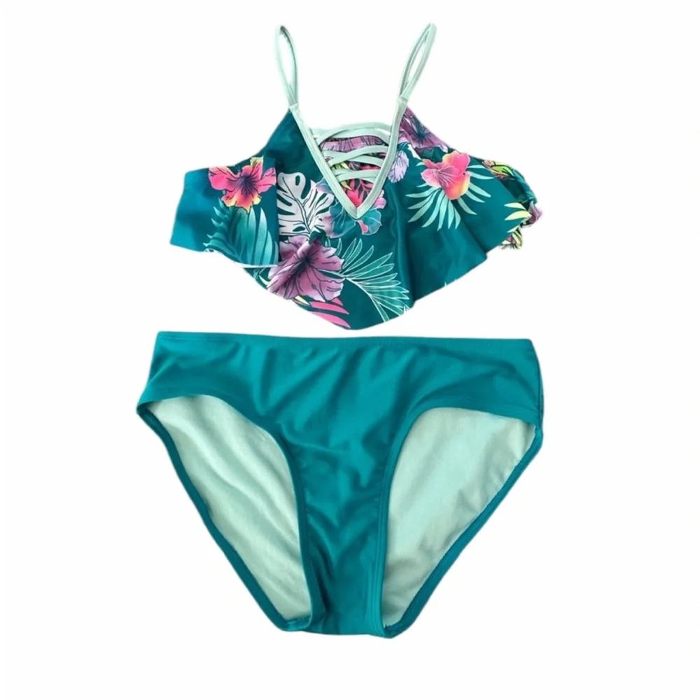 Justice Teal and Pink Floral Girl’s Ruffle Bikini Large (12-14) Excellent Cond