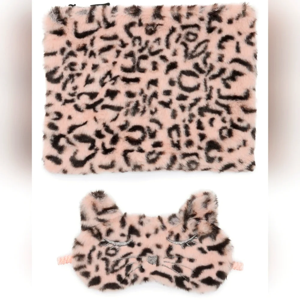 Cheetah Faux Fur Cat Eye Mask & Zip Top Pouch Travel Set