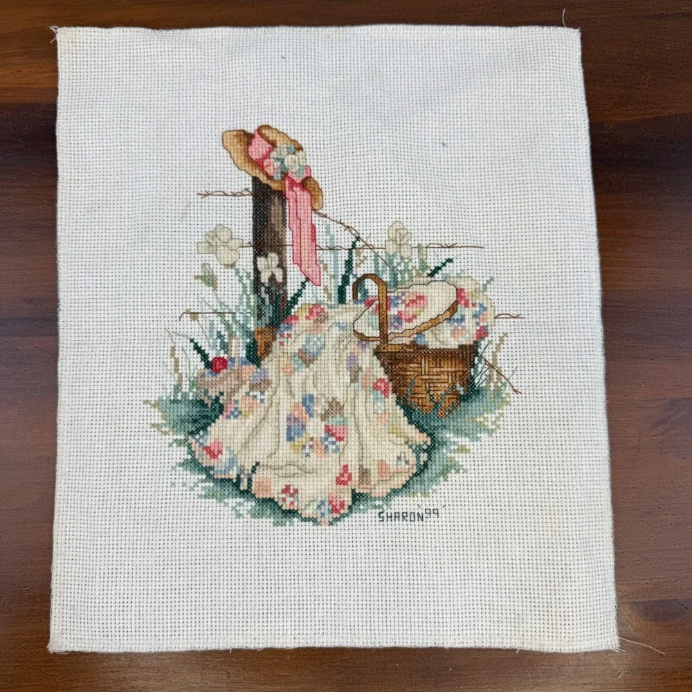 Vintage Sharon 99 Hand Stitched Cross Stitch Cottagecore Quilt Picnic Scene Art