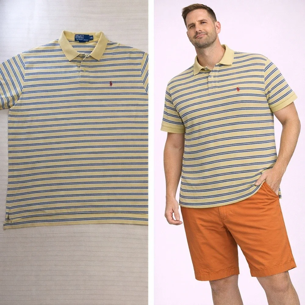 Polo Ralph Lauren Mens XXL Yellow Blue‎ Striped Short Sleeve Pique Polo Shirt