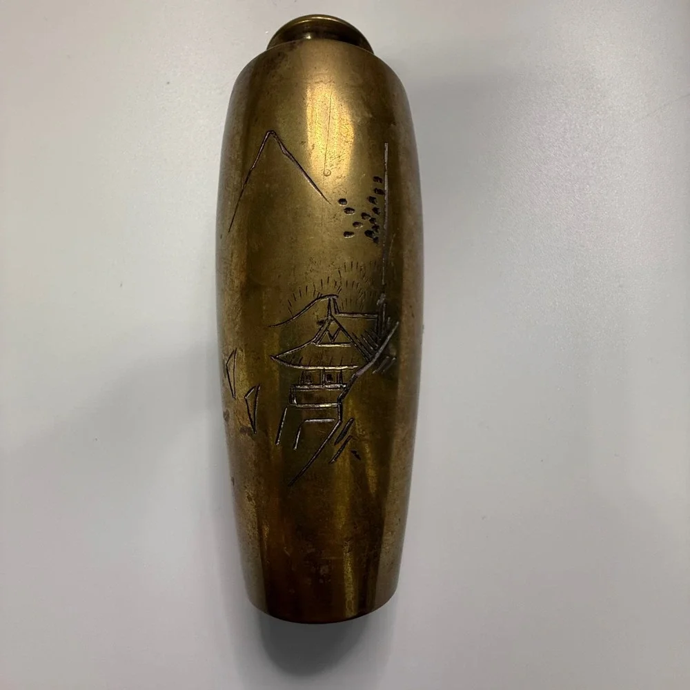 Vintage Brass Bud Vase Etched Pagoda Mount Fuji Asian‎ Home Decor