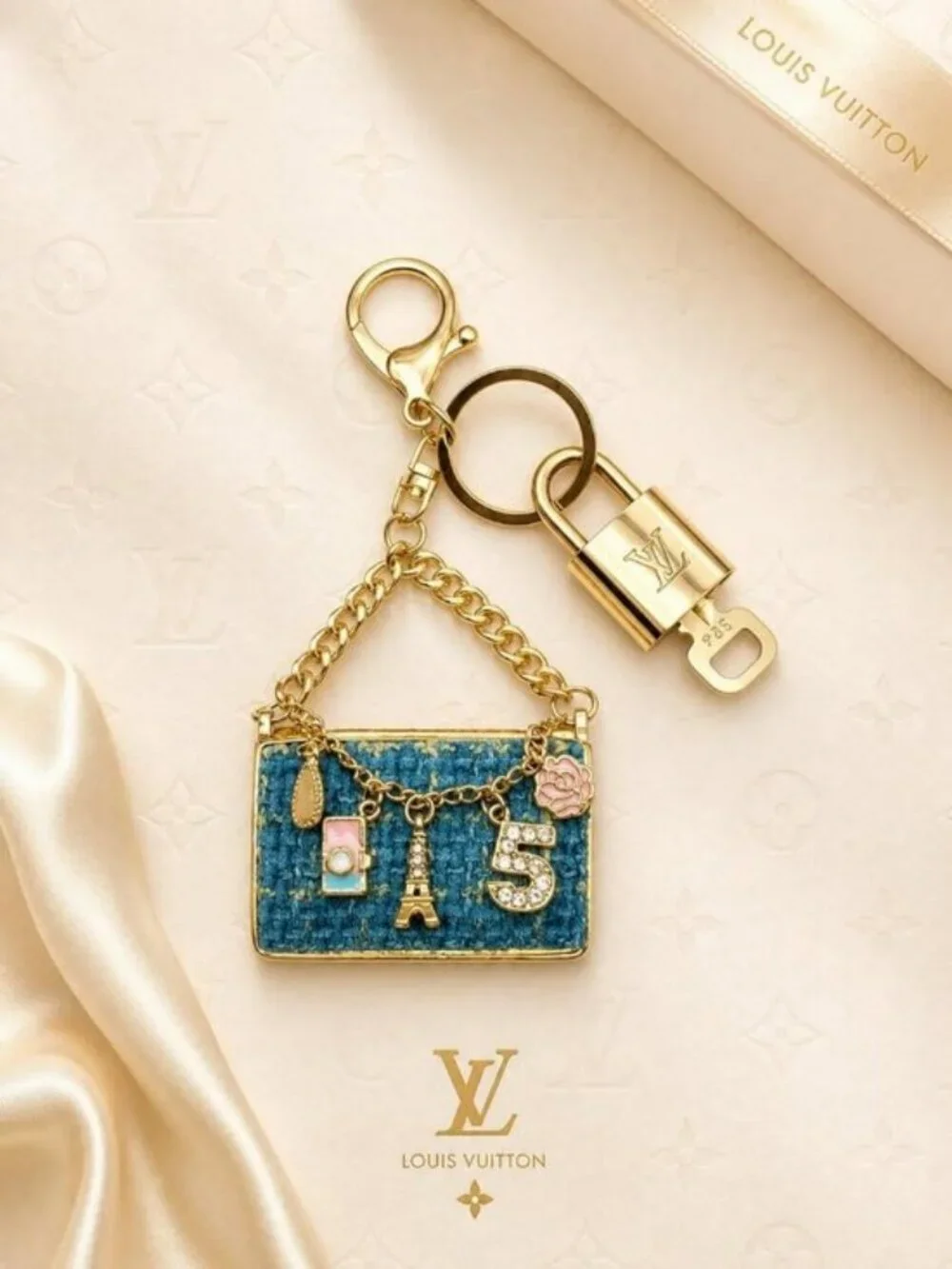 Authentic Louis Vuitton Padlock & Key Gold ✨Unbranded Tweed Bag Charm Keychain