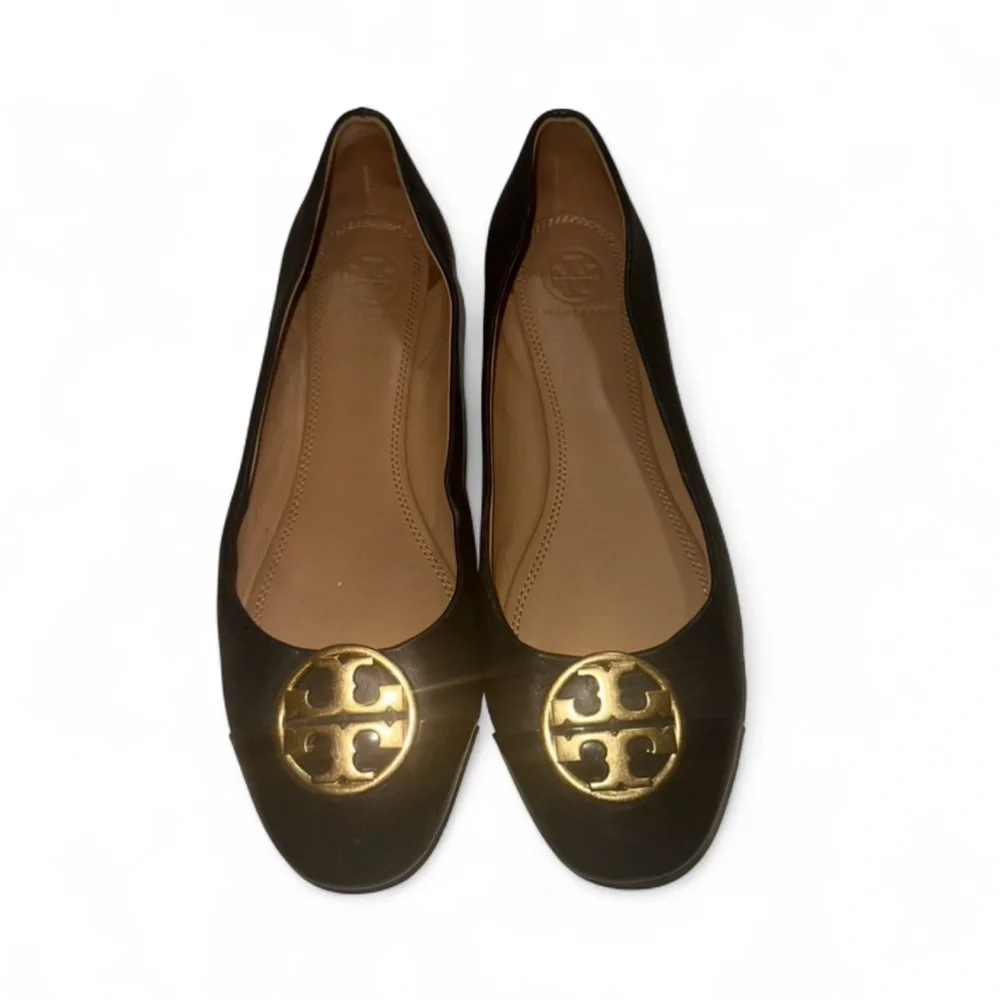 Tory Burch Black Leather‎ with Gold Logo Women's Ballet Flats Size 8.5