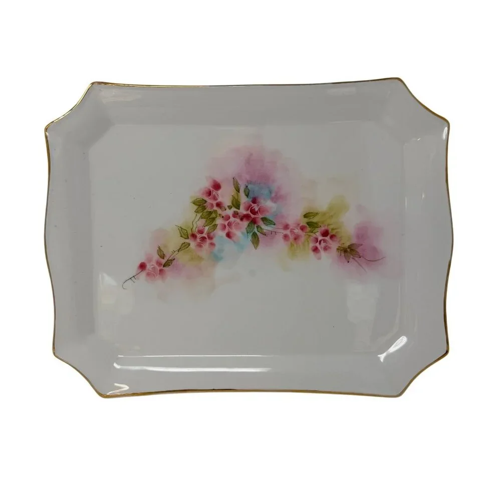 Vintage Stiffel Floral Porcelain Vanity Tray Gold Rim‎ Decor