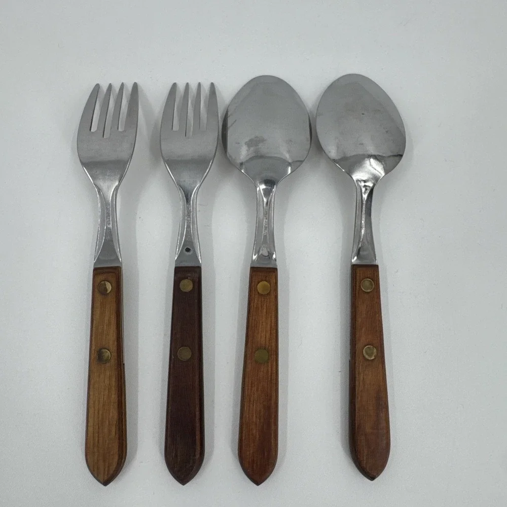 Unbranded Forks/Spoons‎ Wood Handle Stainless Steel 4 Vintage