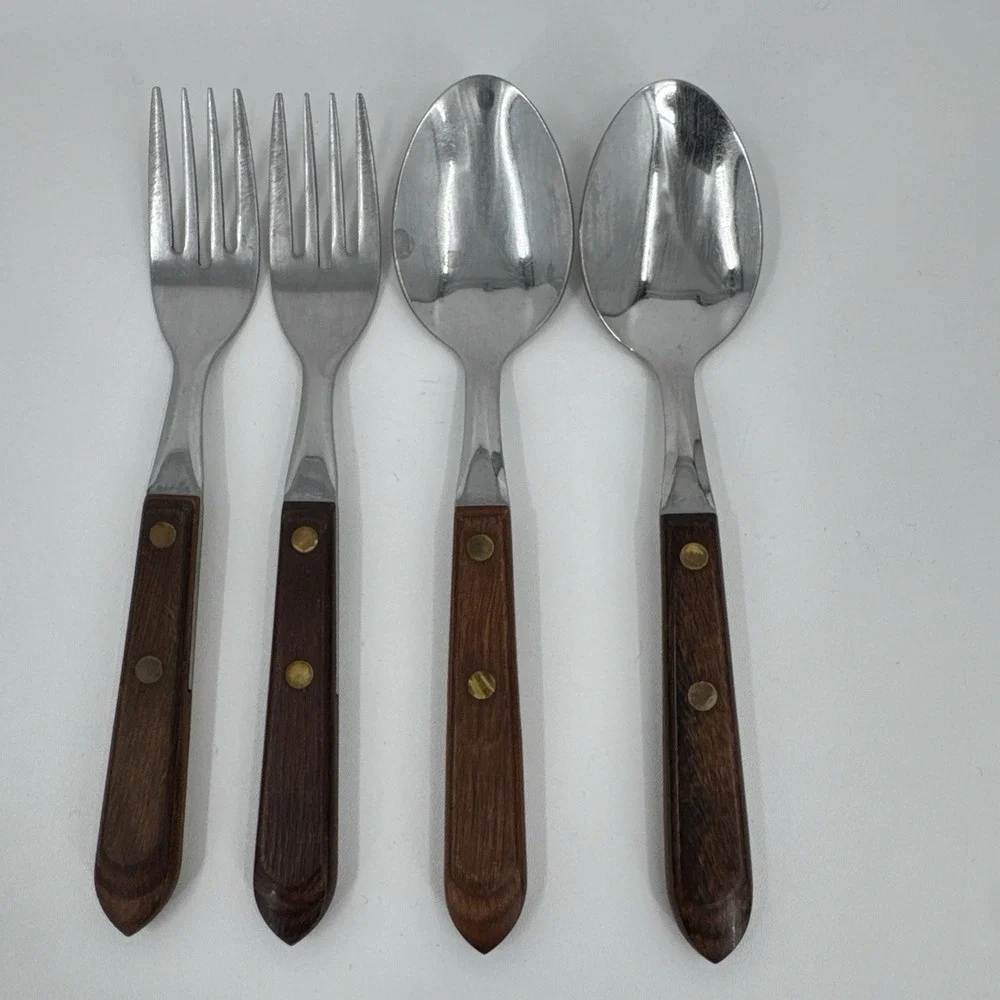 Unbranded Forks/Spoons‎ Wood Handle Stainless Steel 4 Vintage