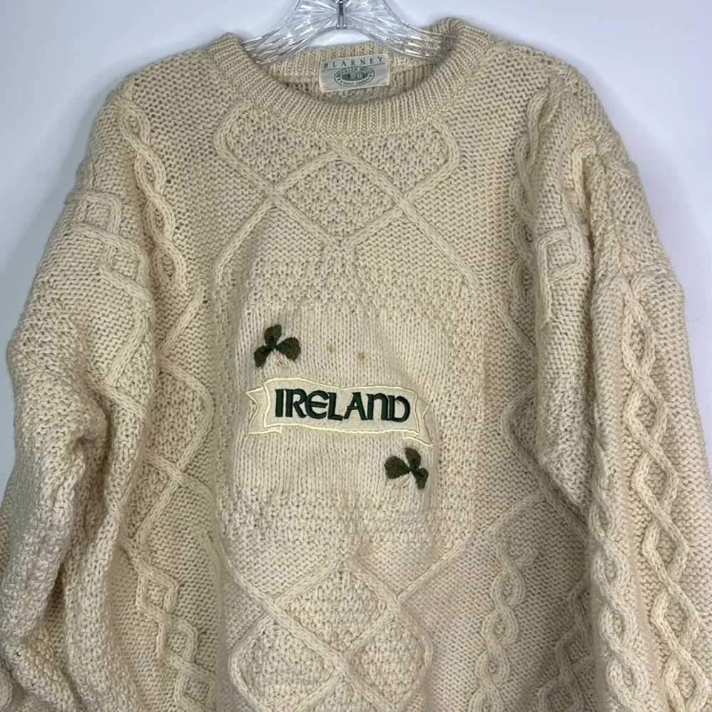 Blarney Woolen Mills Wool Ireland Clover Cable Knit Fisherman Ivory Sweater 2XL