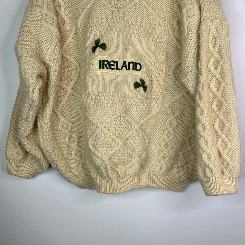 Blarney Woolen Mills Wool Ireland Clover Cable Knit Fisherman Ivory Sweater 2XL