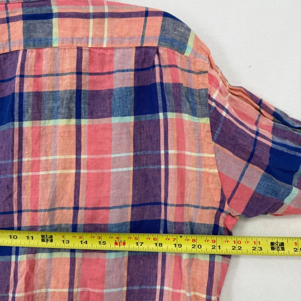 Cremieux Button Down Shirt‎ Mens Large Pink Blue Plaid 100% Linen Long Sleeve