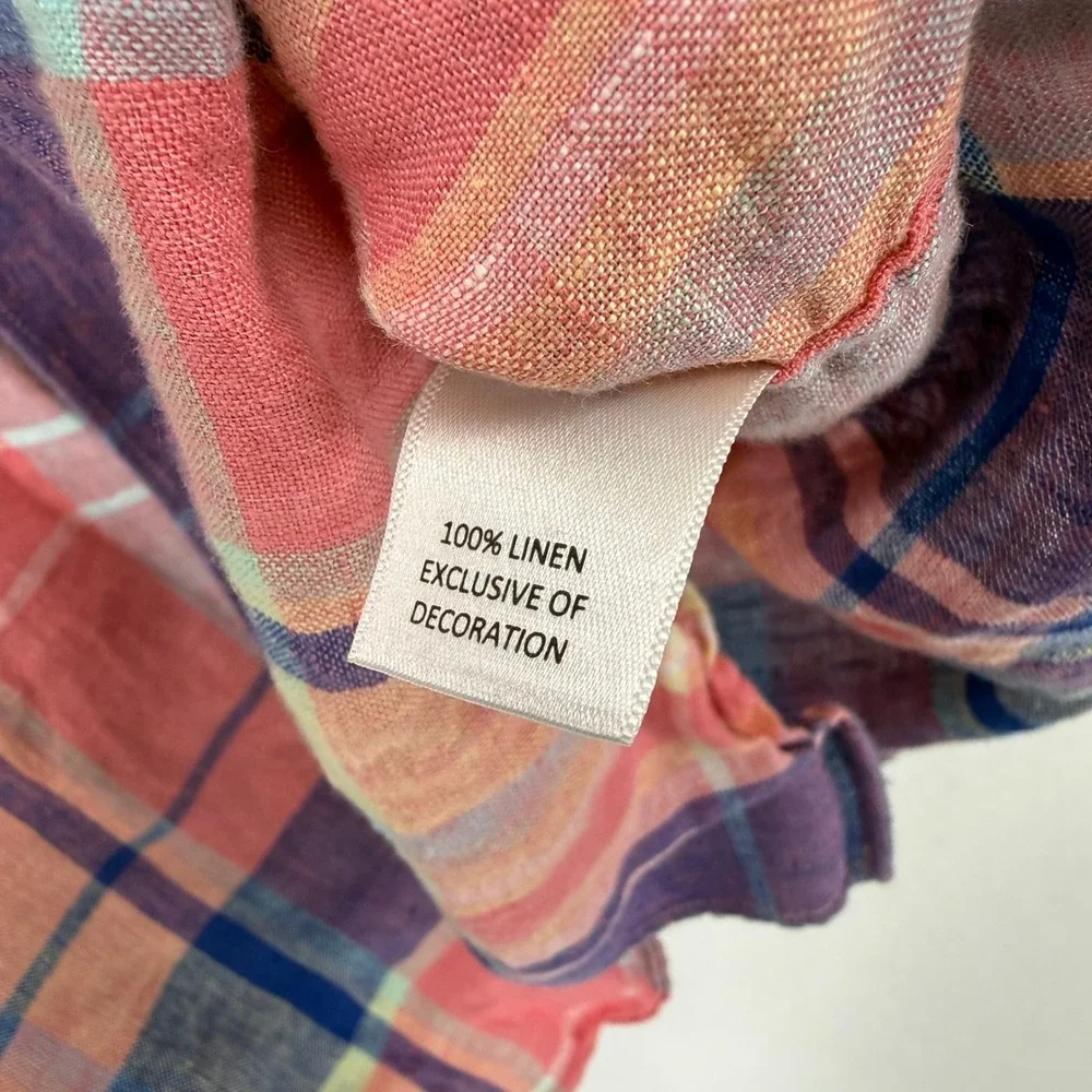Cremieux Button Down Shirt‎ Mens Large Pink Blue Plaid 100% Linen Long Sleeve