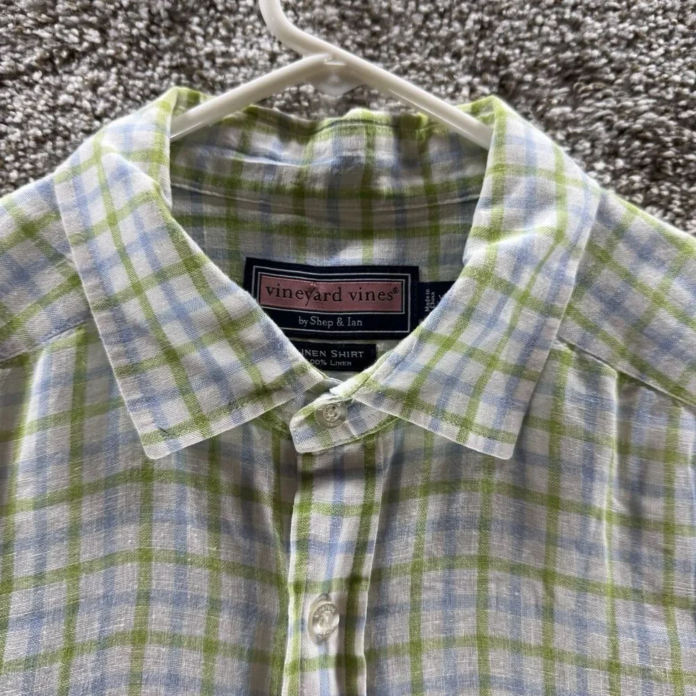 Vineyard Vines Linen Shirt Mens Extra Large Green Blue Plaid‎ Button Up Adult