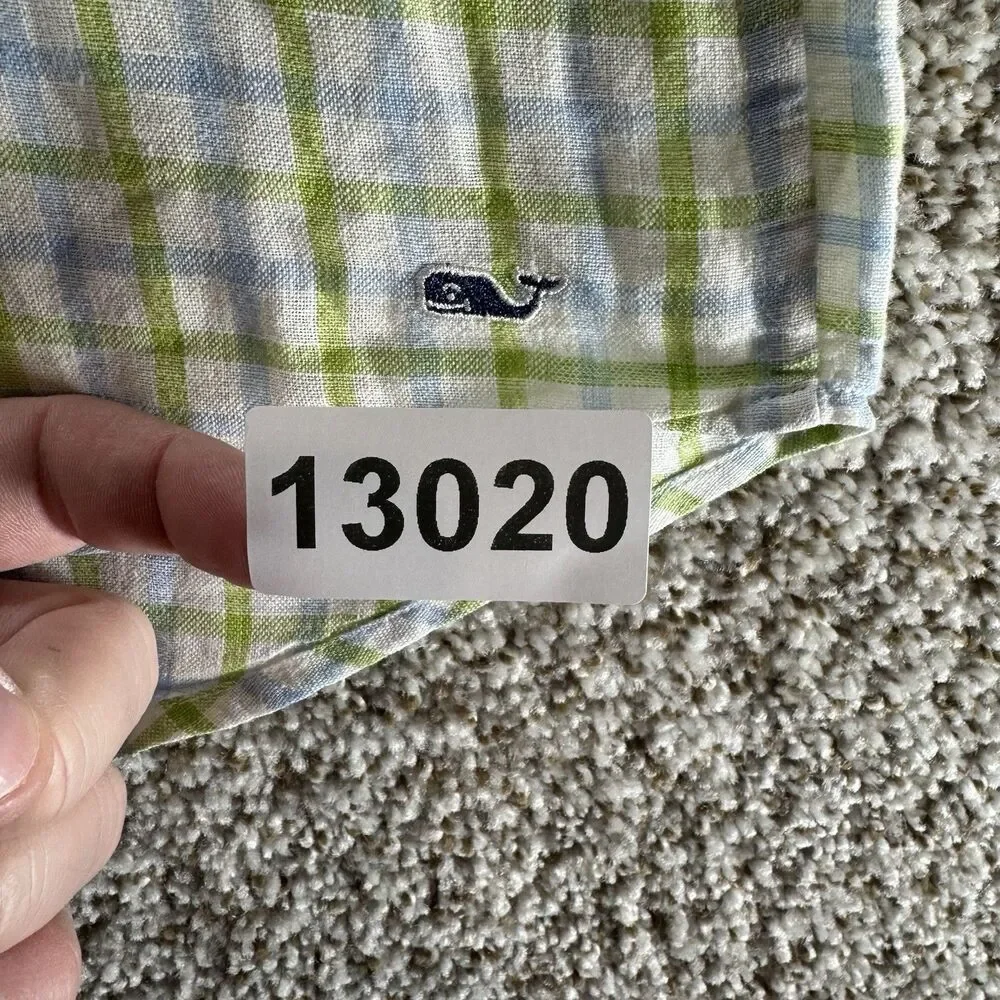 Vineyard Vines Linen Shirt Mens Extra Large Green Blue Plaid‎ Button Up Adult