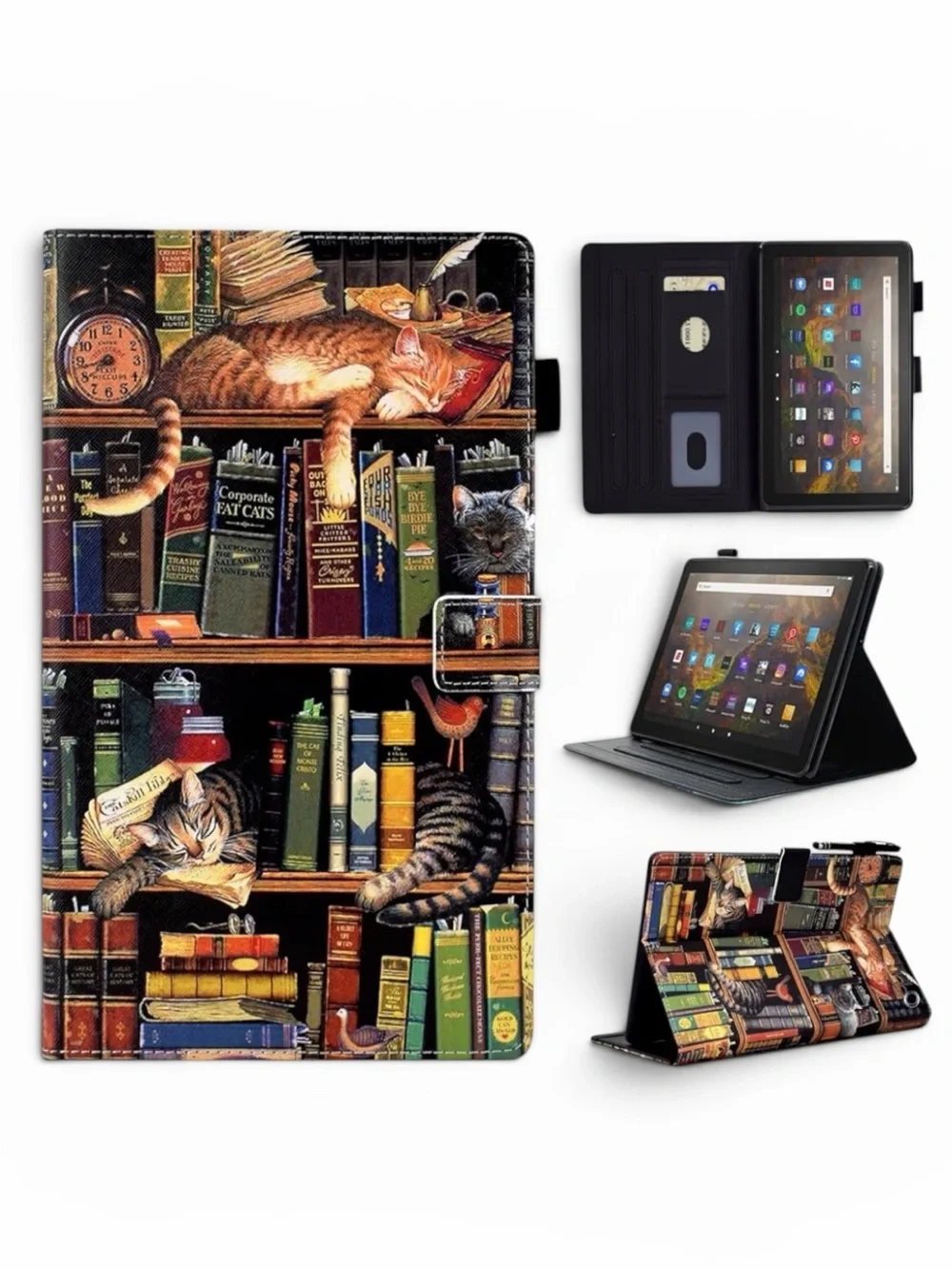 KINDLE Fire Case for HD 8 & HD 8 Plus Tablet, Bookshelf with Cats