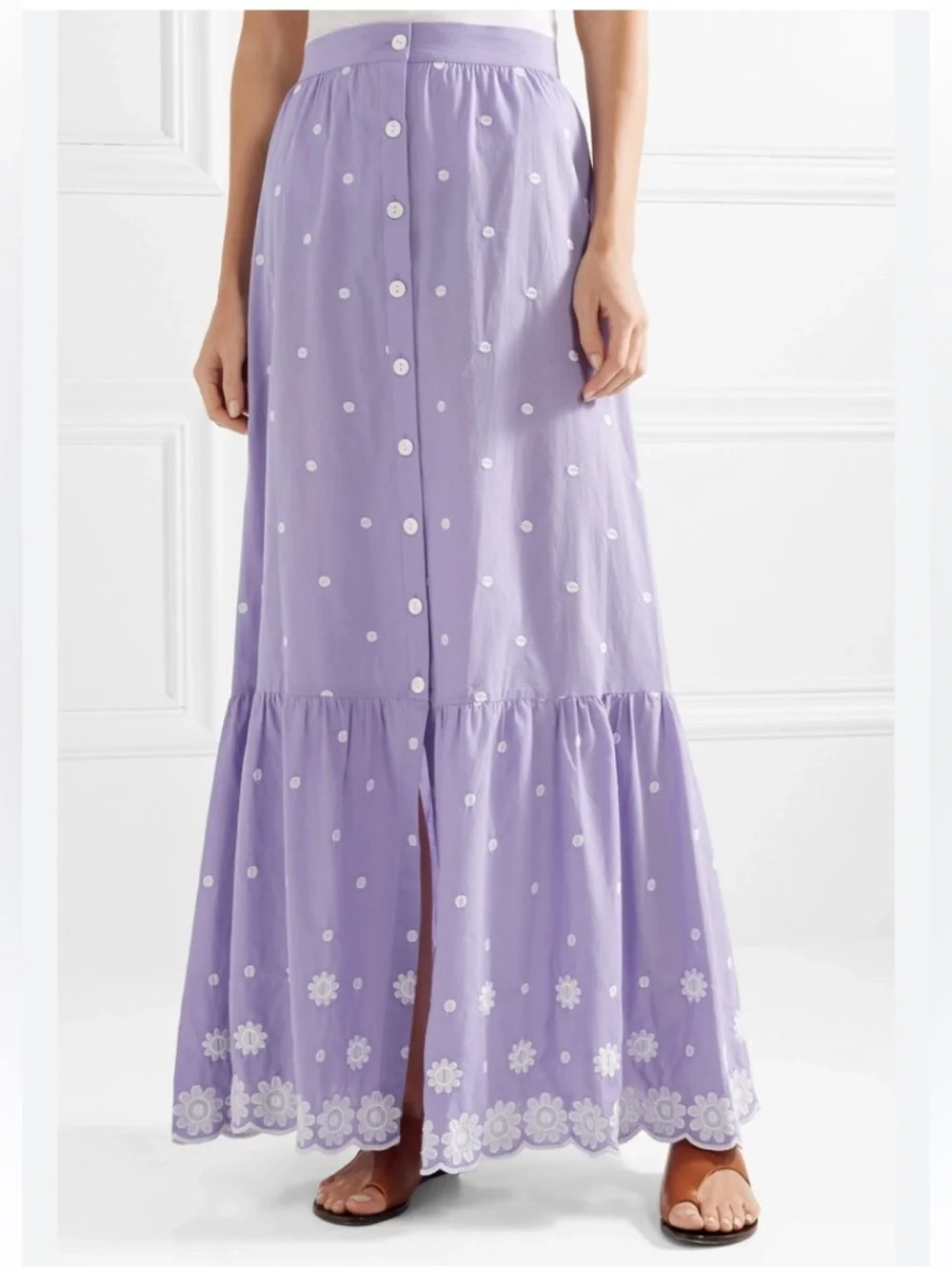 Miguelina Aiden Button Down Embroidered Cotton-voile Maxi Skirt Lilac Size XS