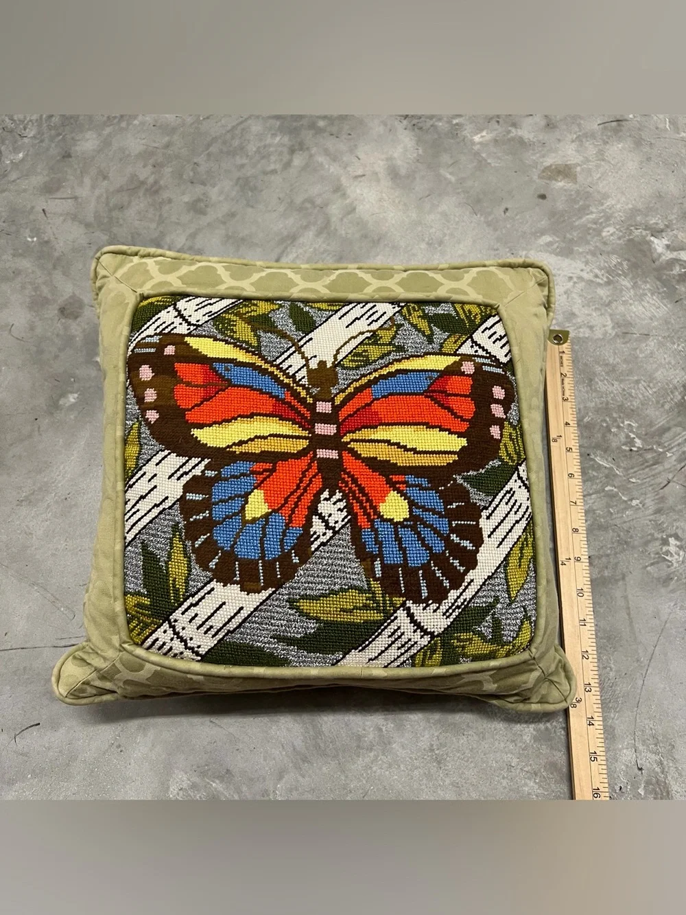 Vintage Pillow Butterfly Needlepoint Zipper Green Butterlfies Cross Stitch