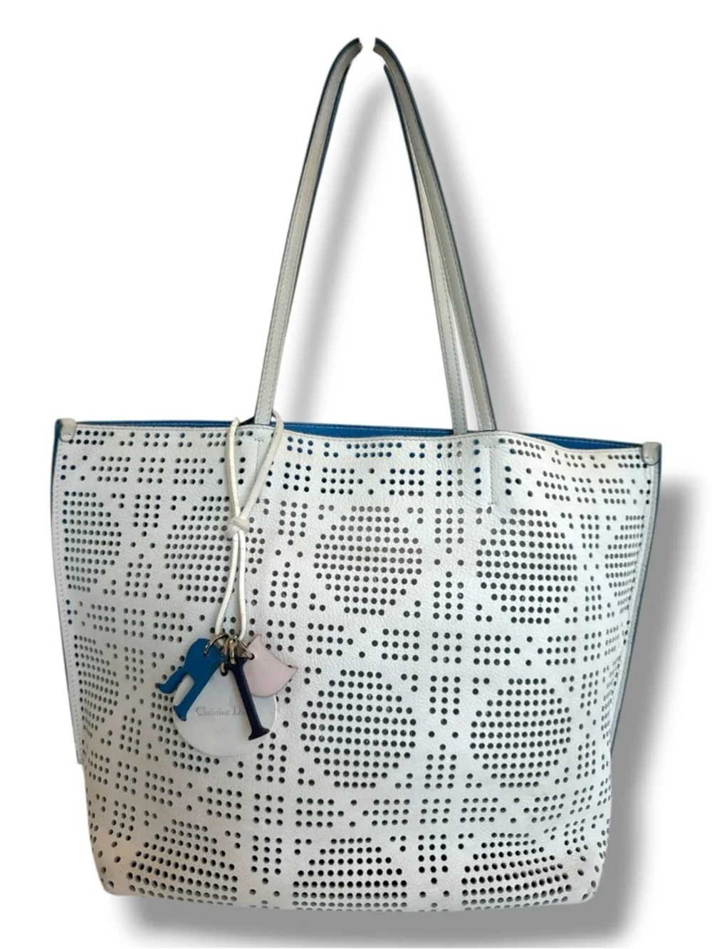 Dior Women’s White Perforated Tote Bag with Blue Interior
