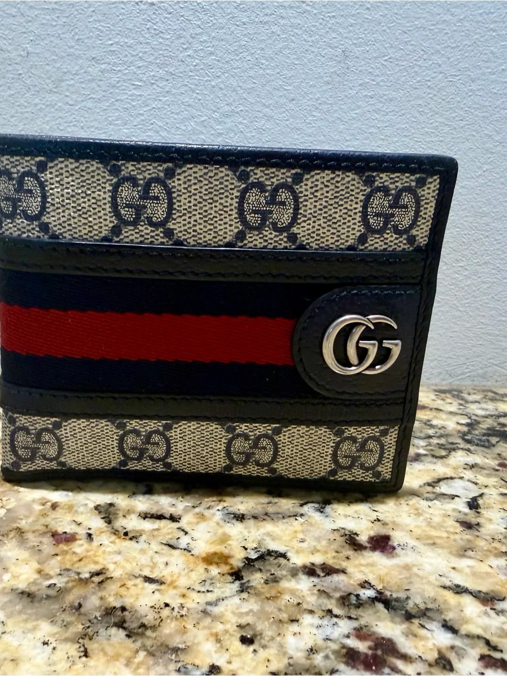 Gucci Beige GG Canvas Wallet with Navy & Red Stripe and Silver GG