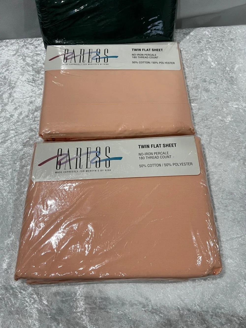 Vintage Sheets Lot  Of 3 CARESS Twin Flat Sheet Green Peach Coral Cotton Blend