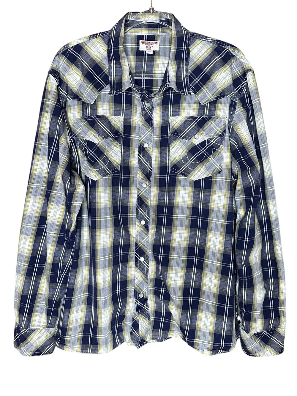 True Religion Men’s Western Plaid Pearl Snap Button Down Shirt. Size 2XL