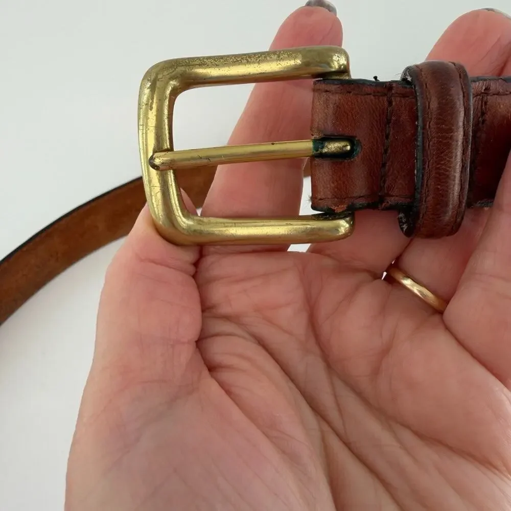 Men's Brown Solid and Inlaid Braid Leather Belt Brass Buckle Vintage? Medium 38