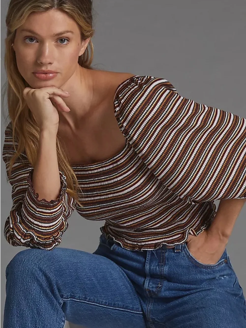 Striped Square-Neck Puff Sleeve Top - Brown