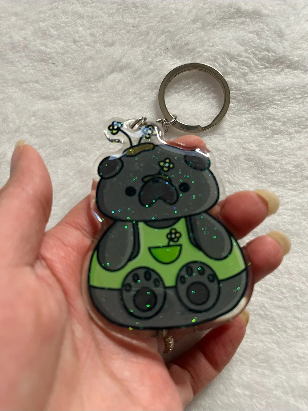 Pug black acrylic glitter keychain Cute Keychain with Green Overalls
